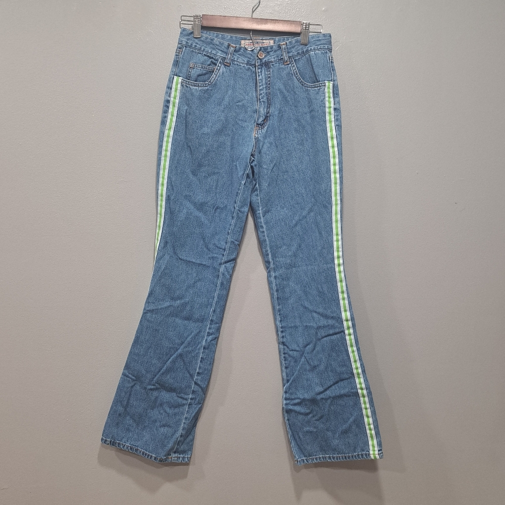 Americana Blues Juniors Sz 5 Green‎ Stripe Flare Jeans Y2K